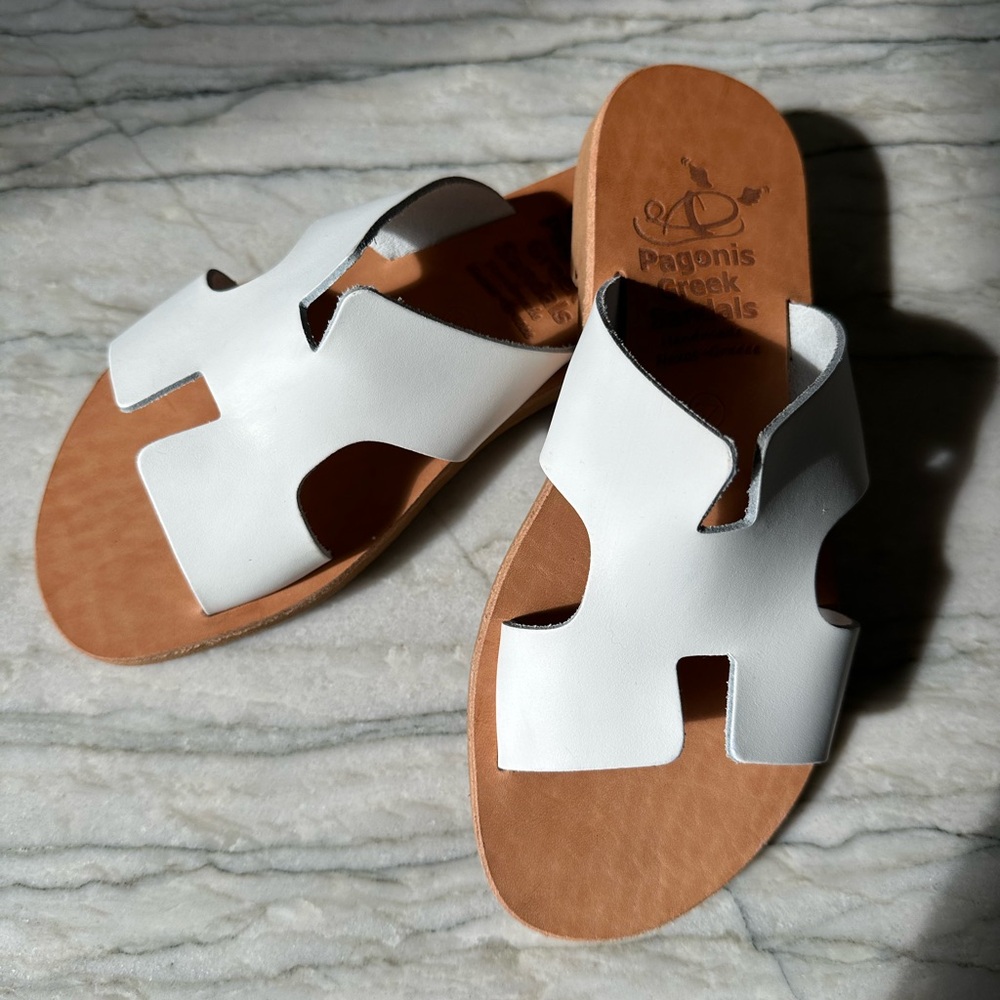 NEW Pagonis Greek Sandals White leather H slides 37 / 6.5